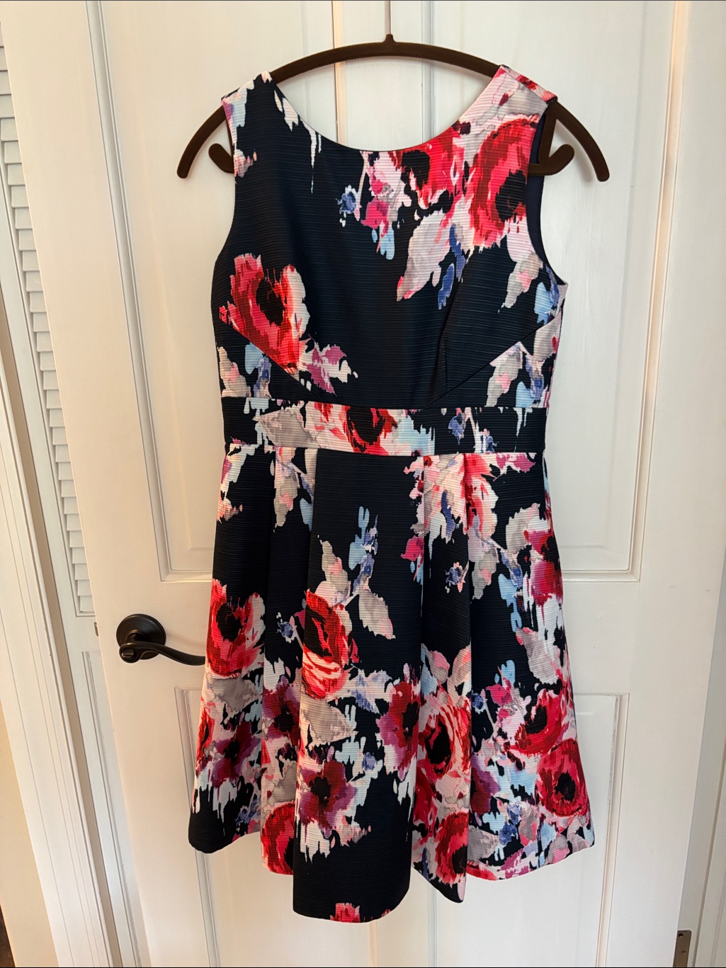 Kate Spade Navy Floral Sleeveless Fit-And-Flare Dress With Red And Pink Blooms